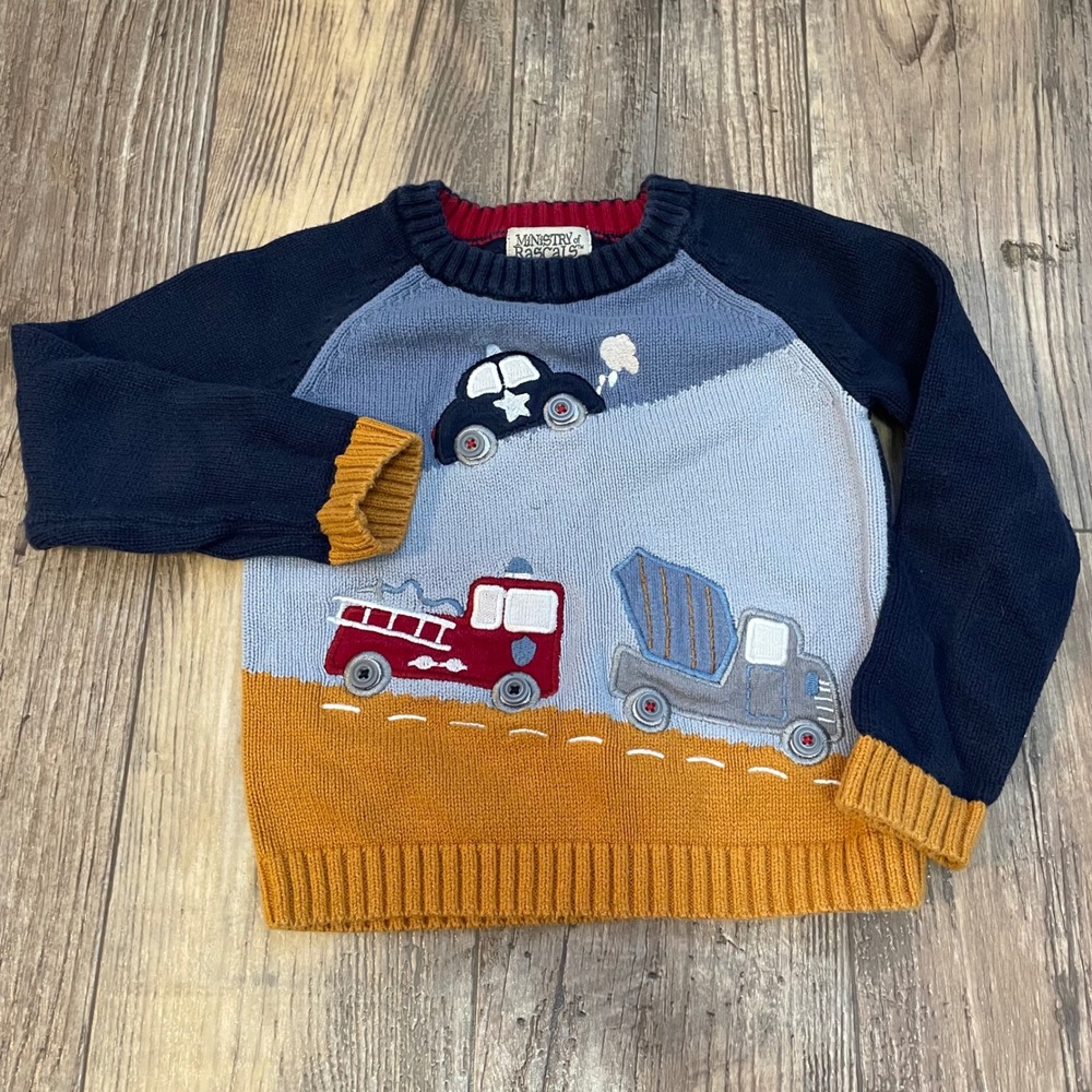 Ministry of Rascals Kids 4T Cotton Knit‎ Sweater Vehicles Police Fire Truck Blue